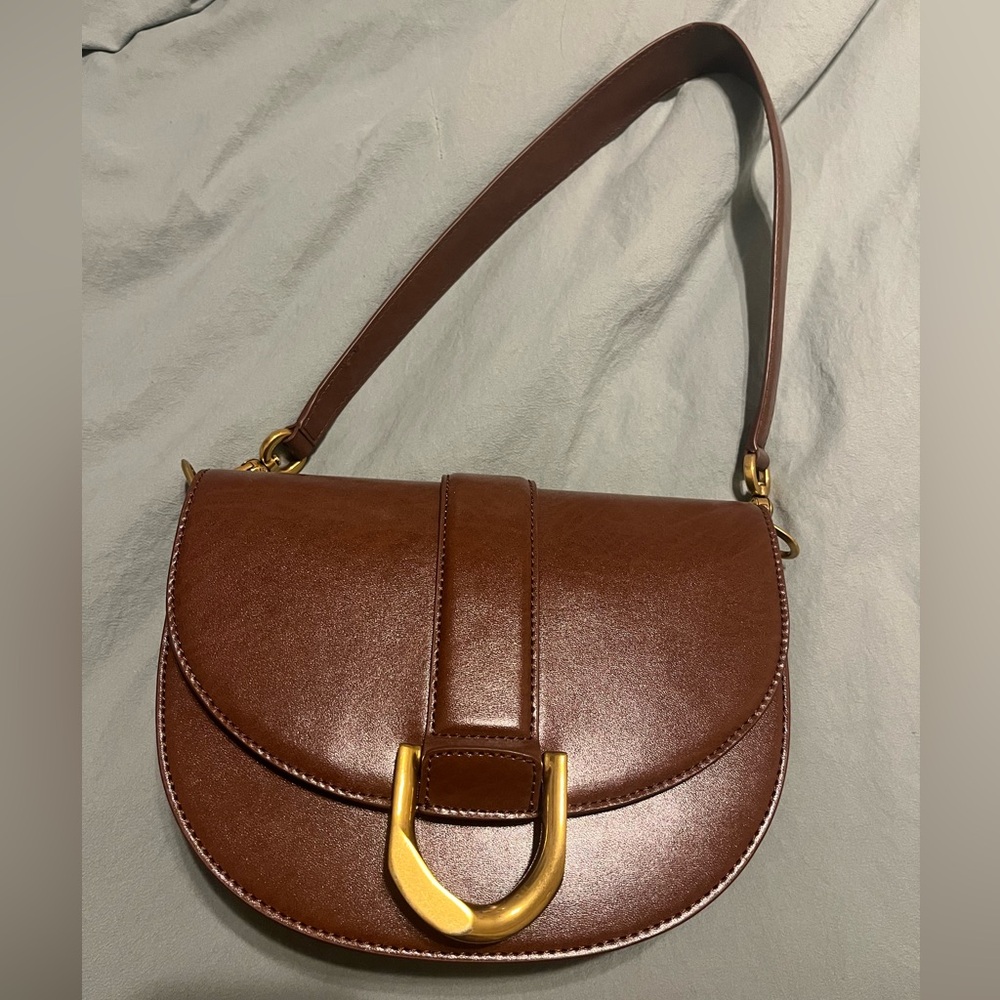 Brown Faux Leather Handbag with Buckle Detail and Detachable Shoulder Strap